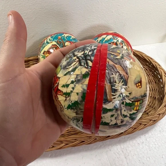 Vintage West German Paper Maché Candy Container Ball Ornaments Lot Of 5